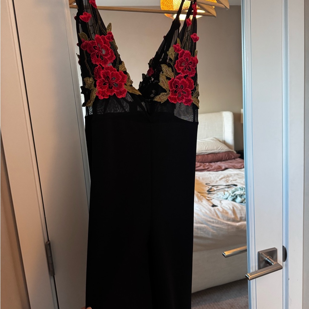 Gorgeous Black Lace jumpsuit with Red Floral Accents (mesh top)